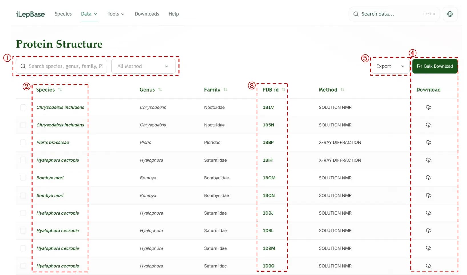 Protein structure list with filters, PDB links and exports