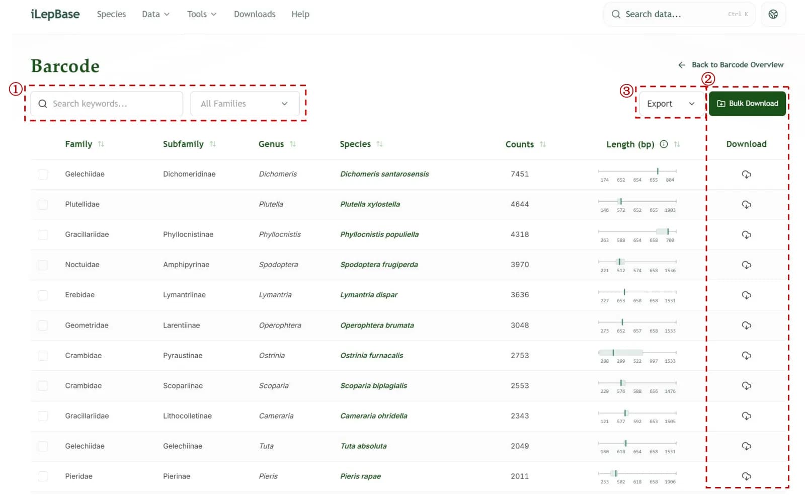 Barcode module filter, download and export table