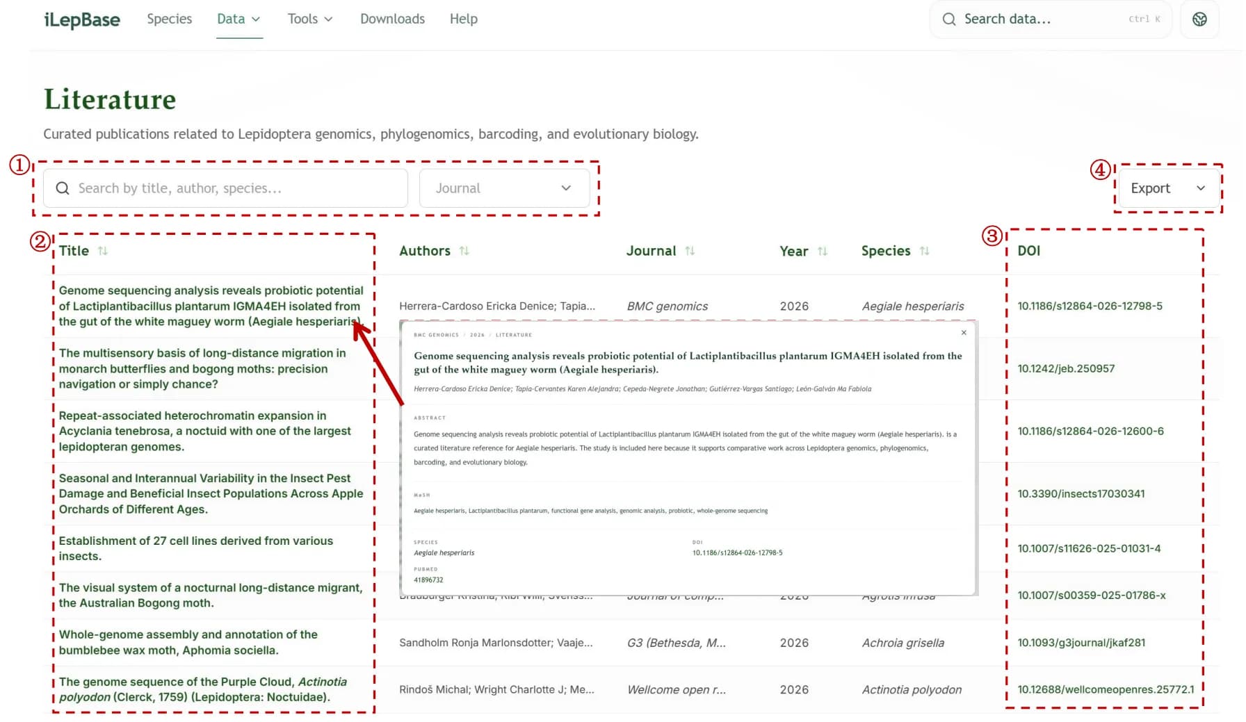 Literature module filters and publication table